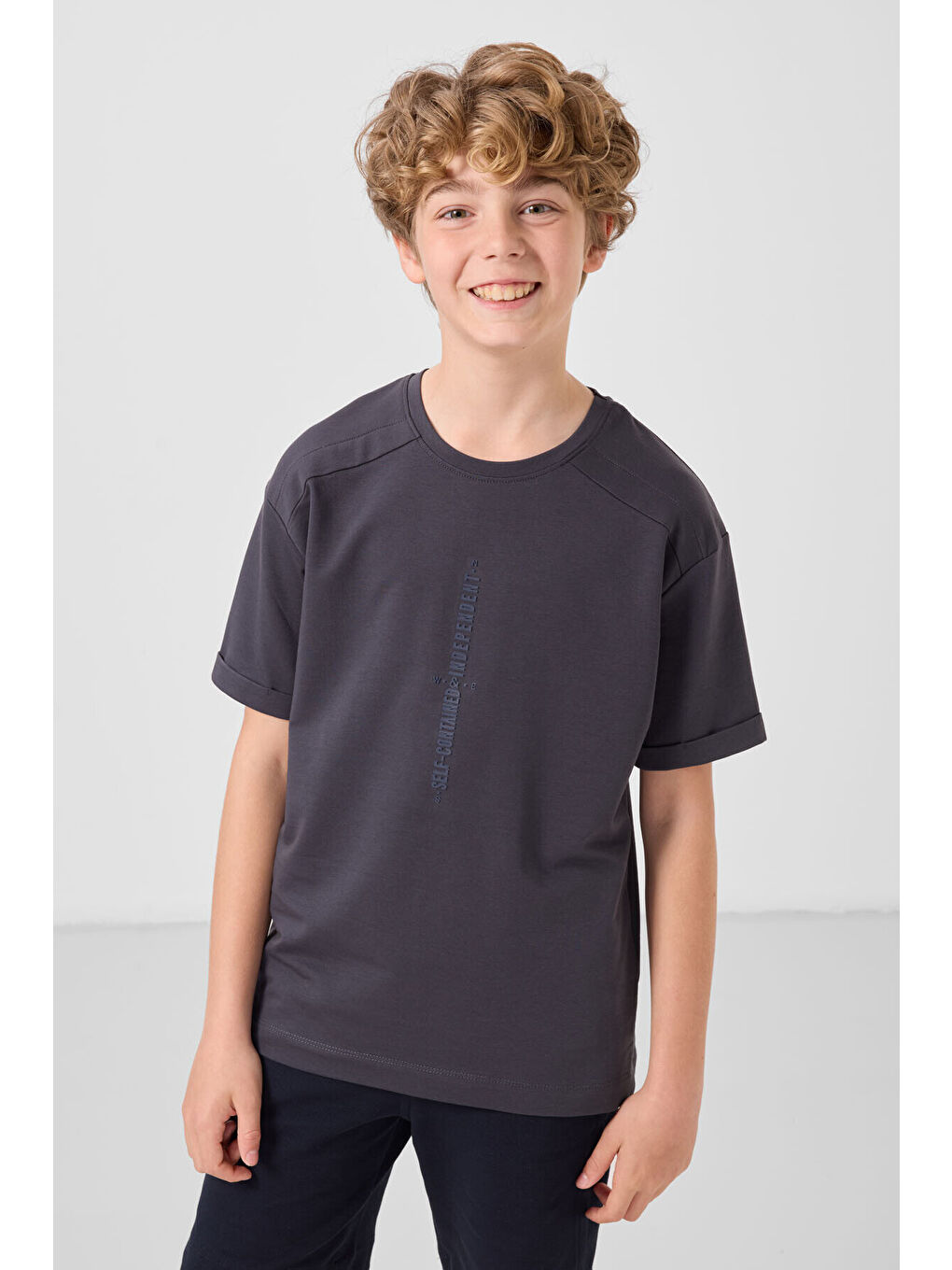 Oversize Fit Baskılı 3lü Paket  Antrasit-Ekru-Taş Erkek Çocuk T-Shirt - 11301-2