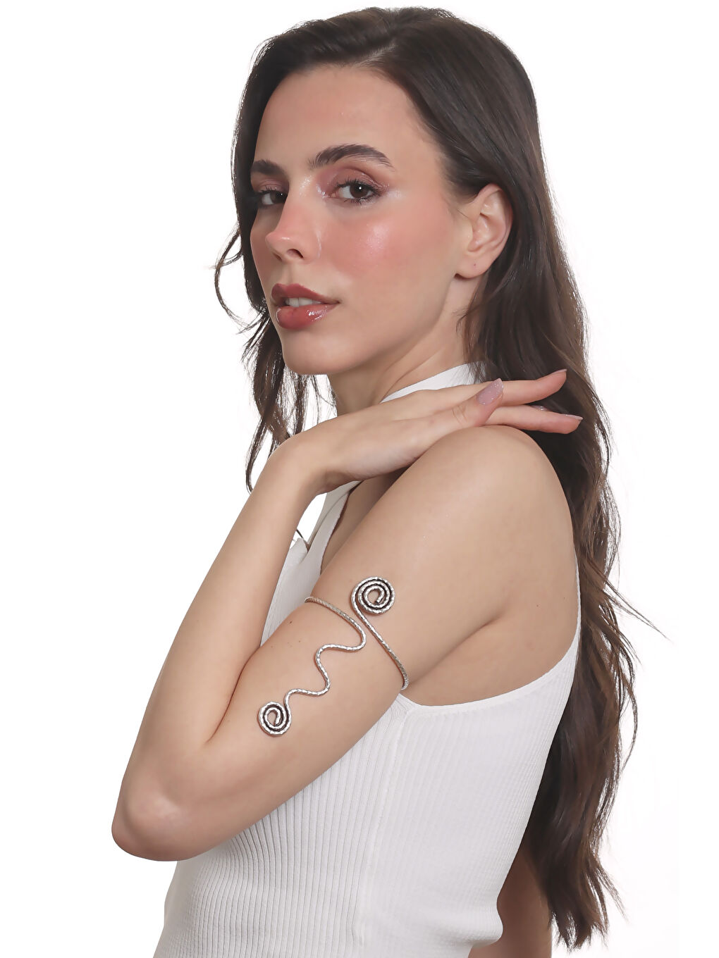 Gri Kadın Spiral Formlu Tasarım Pazu Bandı Bileklik, Üst Kol Aksesuarı-5