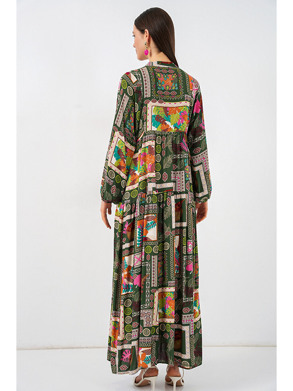 Kadın Desenli Uzun Tesettür Elbise 2585 - Koyu Yeşill-4