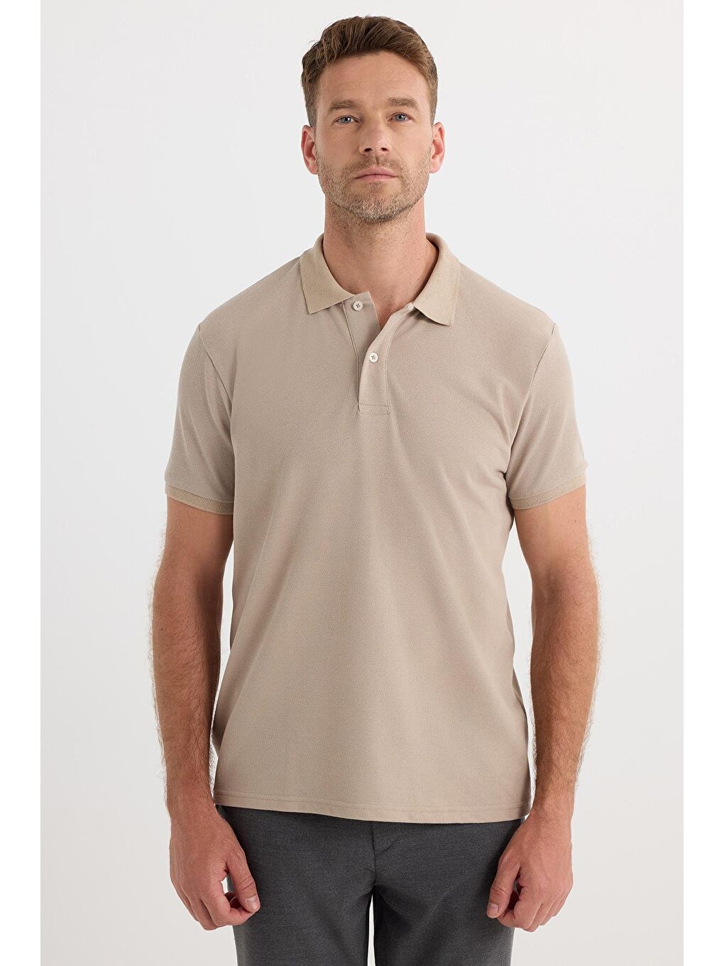 Bej Erkek Regular Fit Klasik Kesim Pamuklu Yumuşak Dokulu Serin Tutan Kumaş Düz Taş Polo Yaka Tişört-3