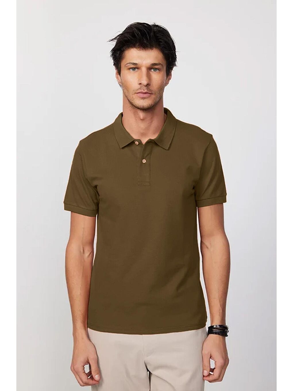 Kahverengi Erkek Regular Fit Klasik Kesim %100 Pamuk Düz Pike Koyu Vizon Polo Yaka Tişört-3
