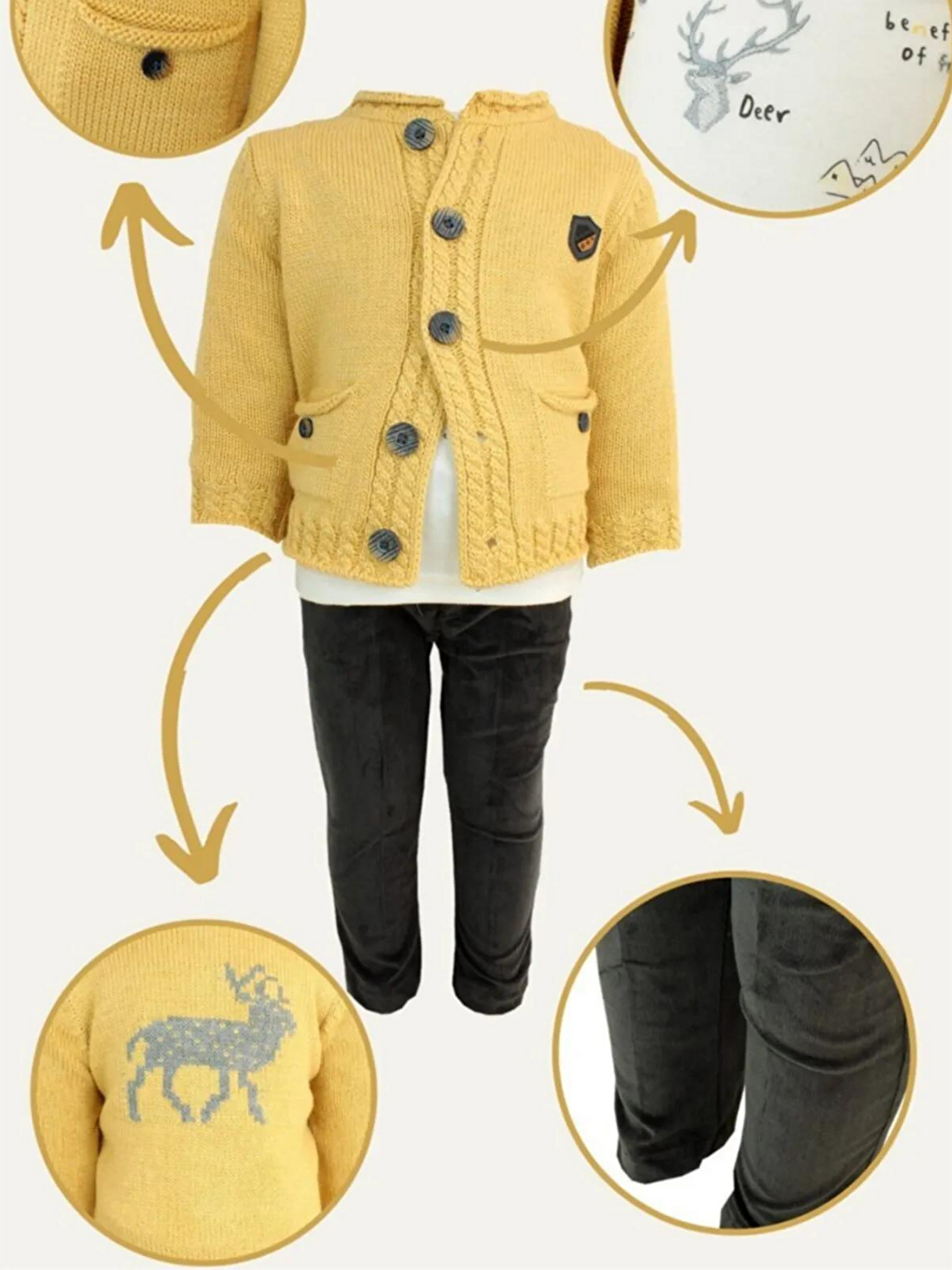 Sarı Erkek Bebek Triko Hırkalı 3 Parça Takım-4