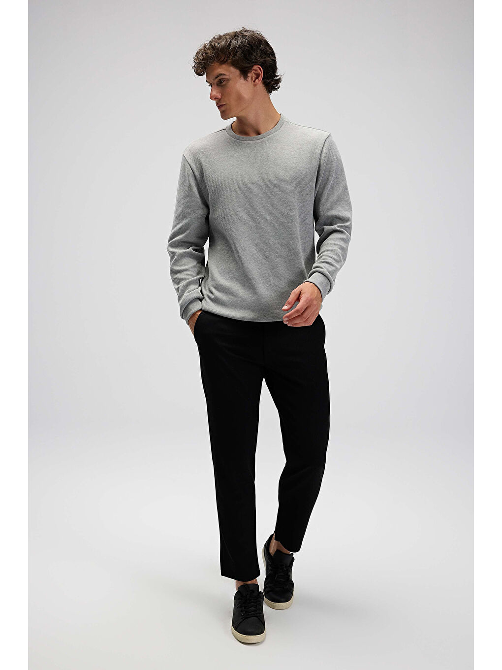 Gri % 100 Pamuk Regular Fit Bisiklet Yaka Kazak EM615-GR-2