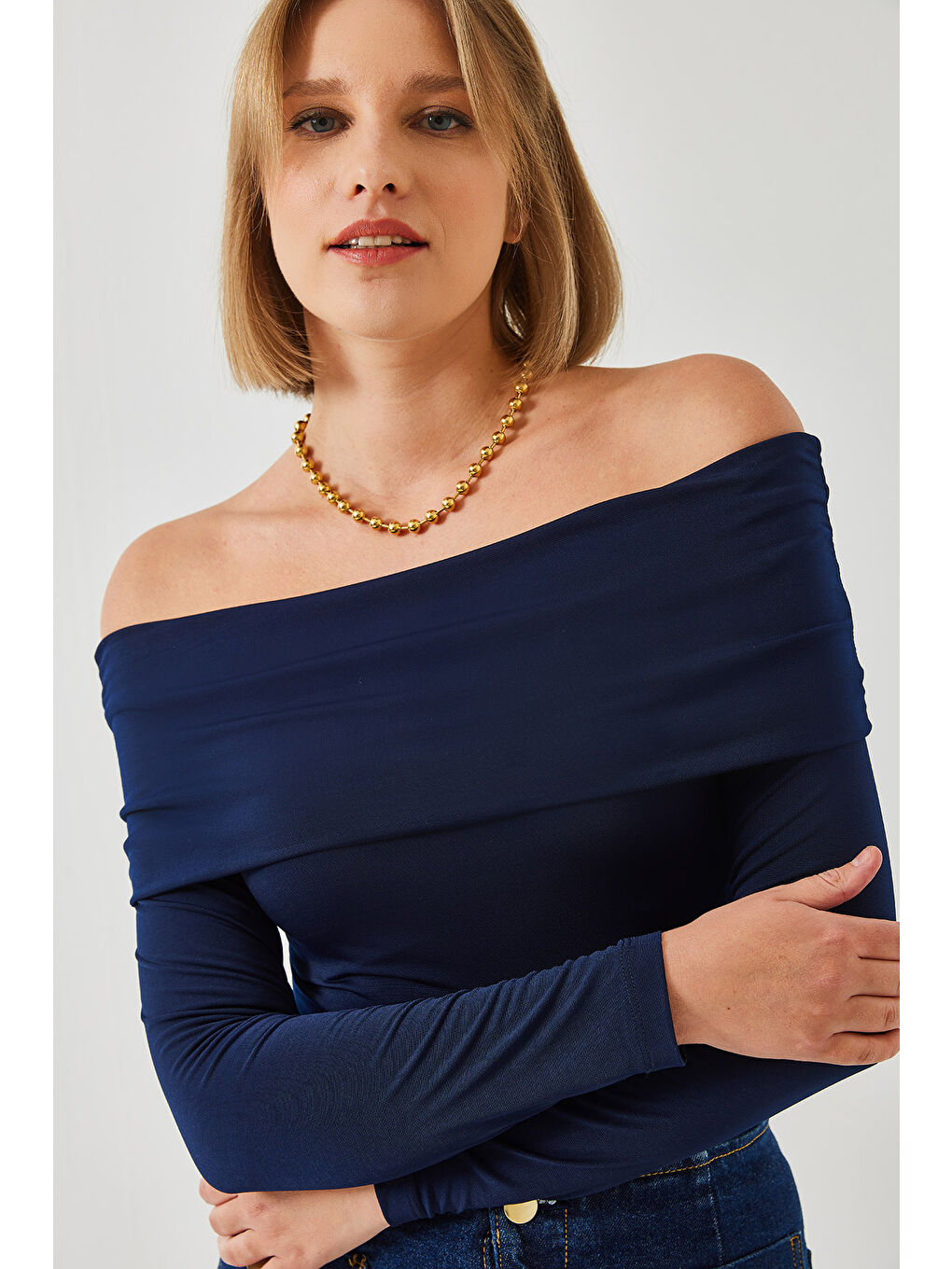 Lacivert Kadın Madonna Yaka Bluz-1