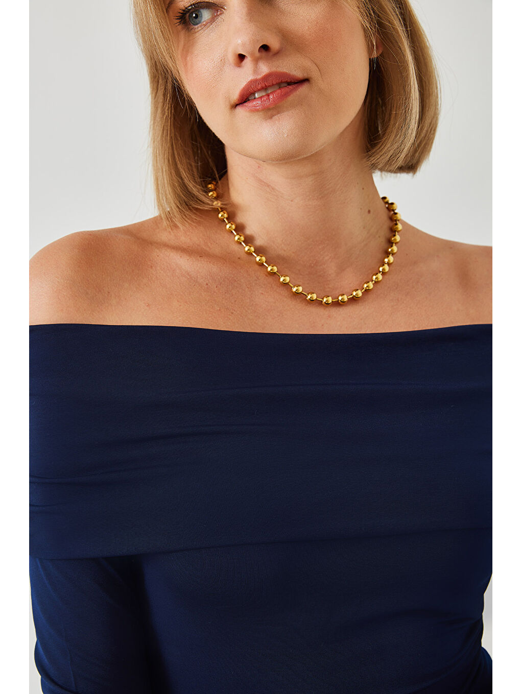 Lacivert Kadın Madonna Yaka Bluz-2