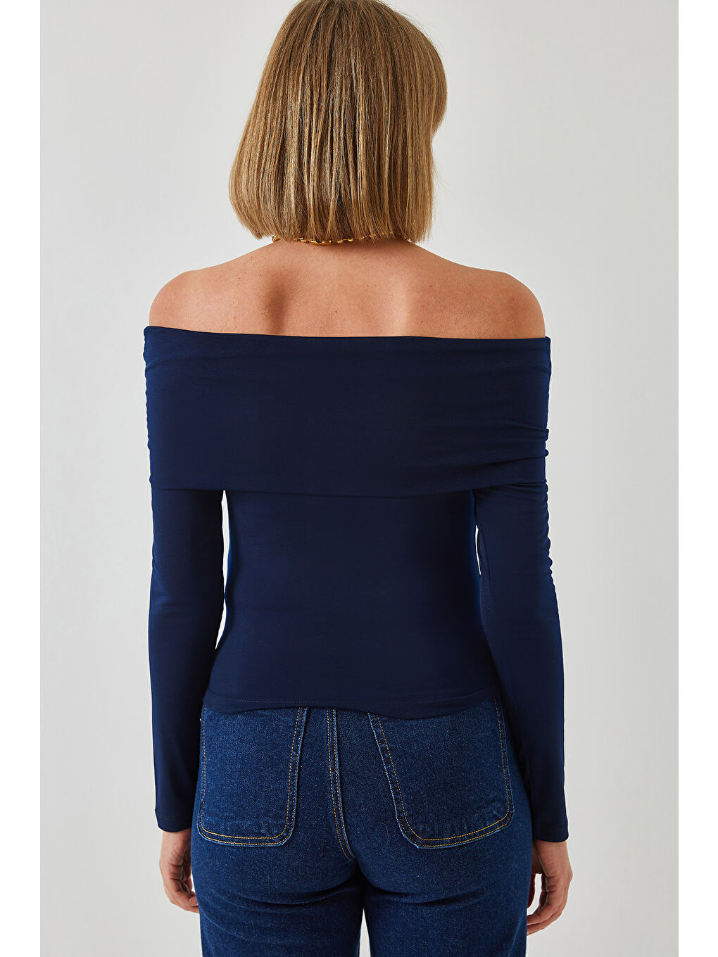 Lacivert Kadın Madonna Yaka Bluz-3