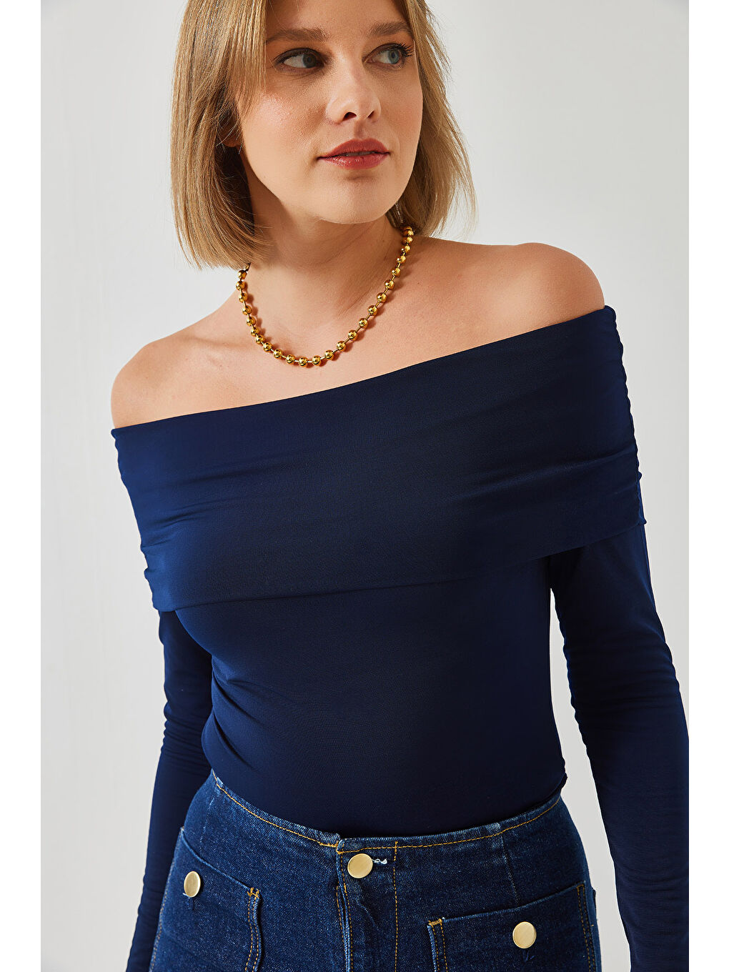 Lacivert Kadın Madonna Yaka Bluz-4