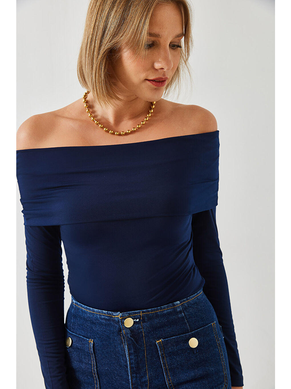 Lacivert Kadın Madonna Yaka Bluz-5