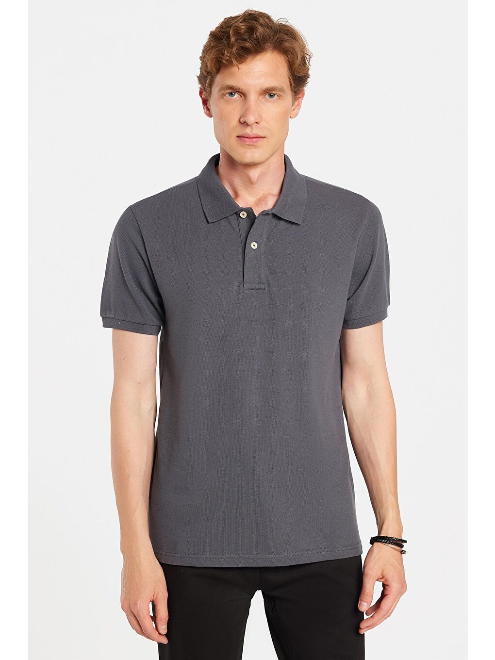 Erkek Slim Fit Dar Kesim %100 Pamuk Antrasit Polo Yaka Tişört-2