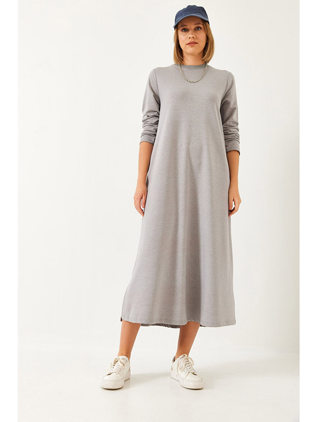 Gri Kadın Uzun Kloş Elbise-1