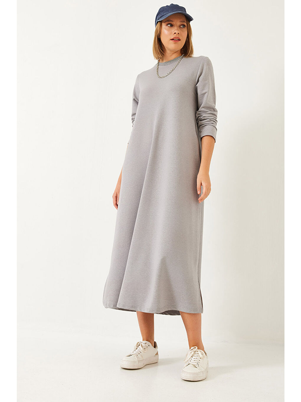 Gri Kadın Uzun Kloş Elbise-2