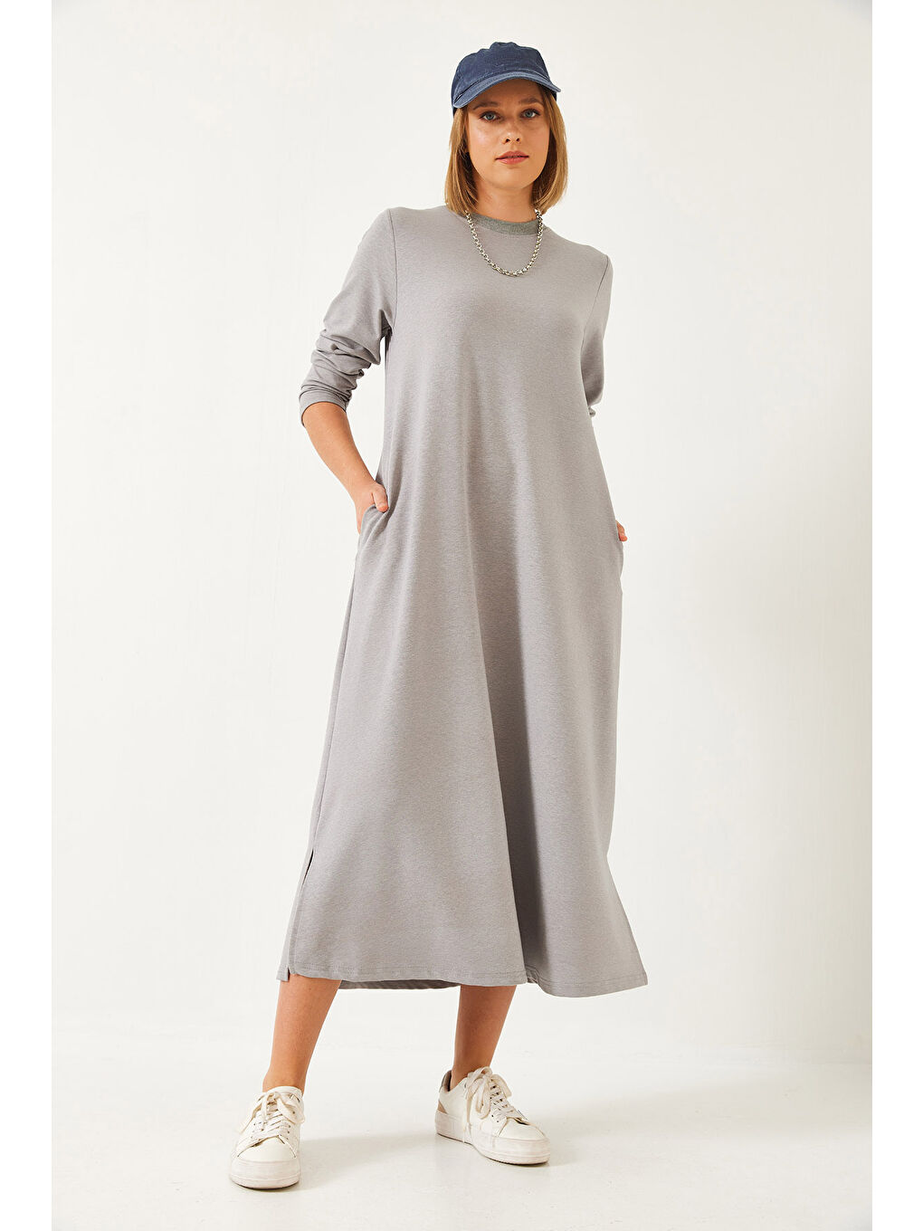 Gri Kadın Uzun Kloş Elbise-3