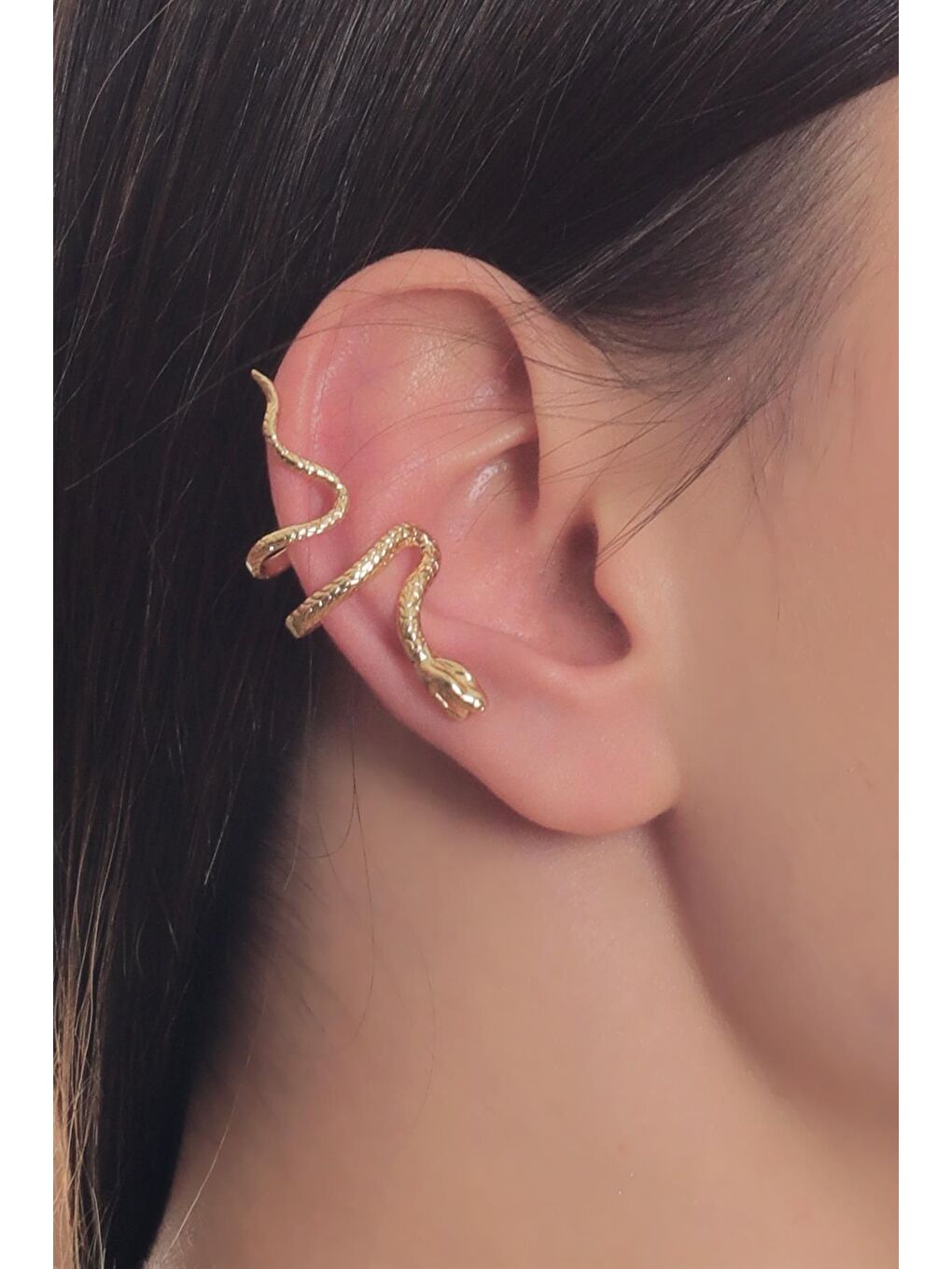 Sarı Kadın Lak Altın Kaplama Sıkıştırmalı Model Yılan Formlu Kıkırdak Küpe & Earcuff-4
