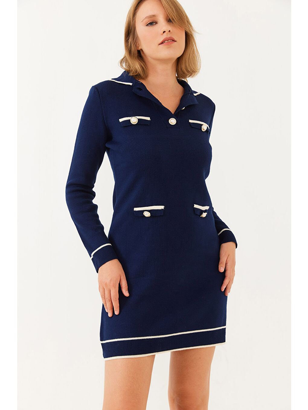 Lacivert Kadın Gömlek Yaka Düğme ve Cep Detaylı Uzun Kollu Mini Triko Elbise