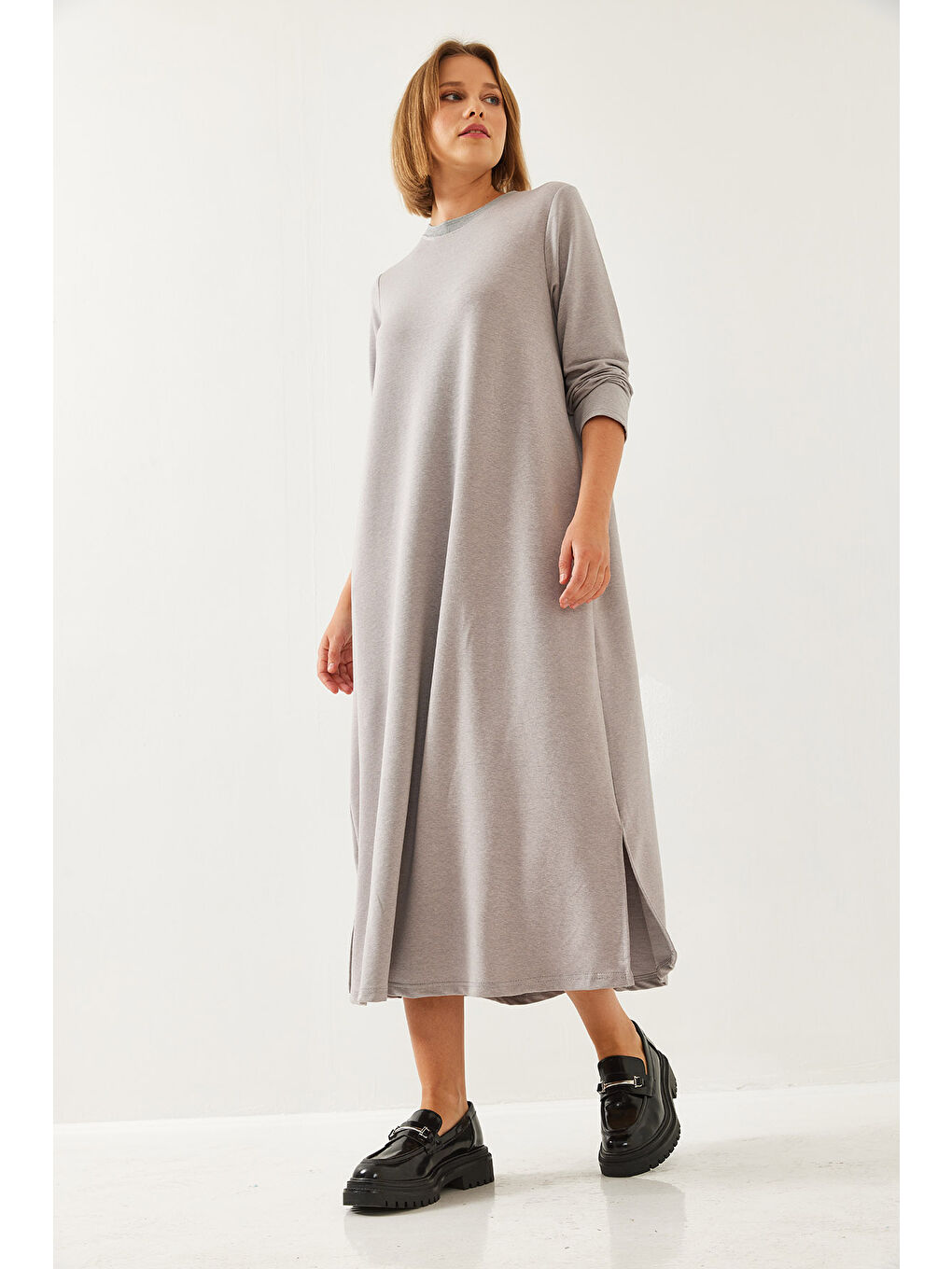 Gri Kadın Uzun Kloş Elbise-6