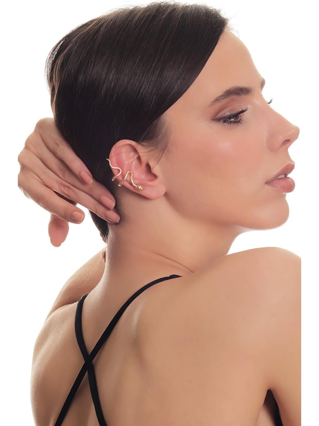 Sarı Kadın Lak Altın Kaplama Sıkıştırmalı Model Yılan Formlu Kıkırdak Küpe & Earcuff-6