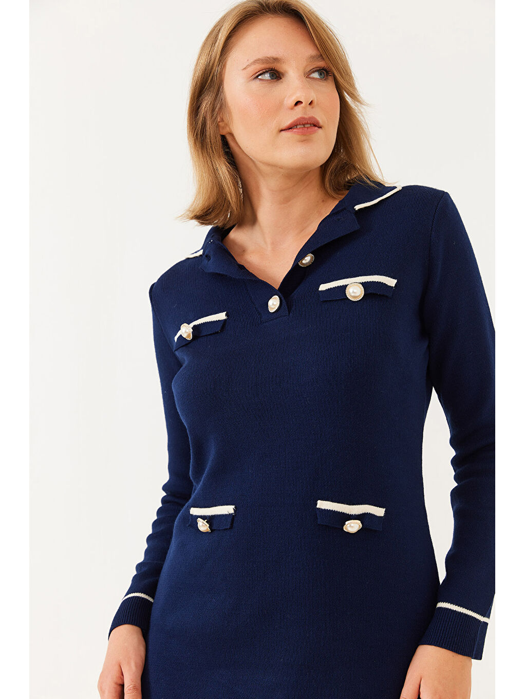 Lacivert Kadın Gömlek Yaka Düğme ve Cep Detaylı Uzun Kollu Mini Triko Elbise-1