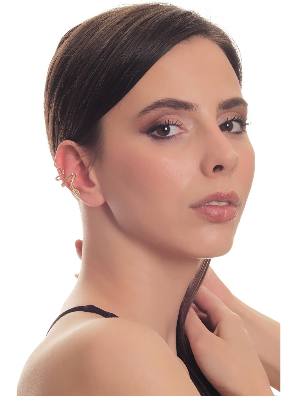 Sarı Kadın Lak Altın Kaplama Sıkıştırmalı Model Yılan Formlu Kıkırdak Küpe & Earcuff-3