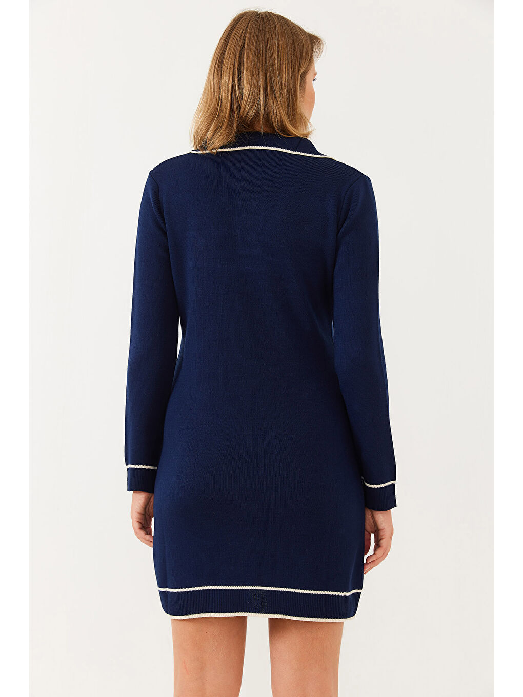 Lacivert Kadın Gömlek Yaka Düğme ve Cep Detaylı Uzun Kollu Mini Triko Elbise-2