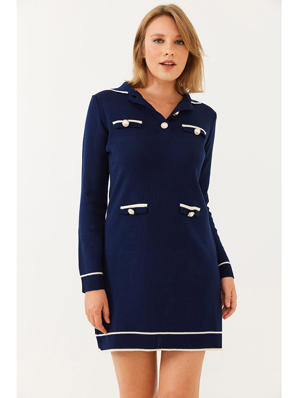 Lacivert Kadın Gömlek Yaka Düğme ve Cep Detaylı Uzun Kollu Mini Triko Elbise-5