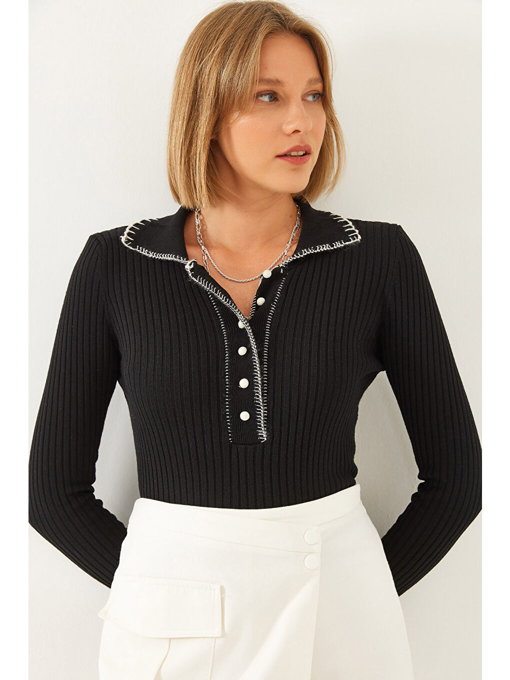 Siyah Kadın Polo Yaka Düğmeli Triko Kazak