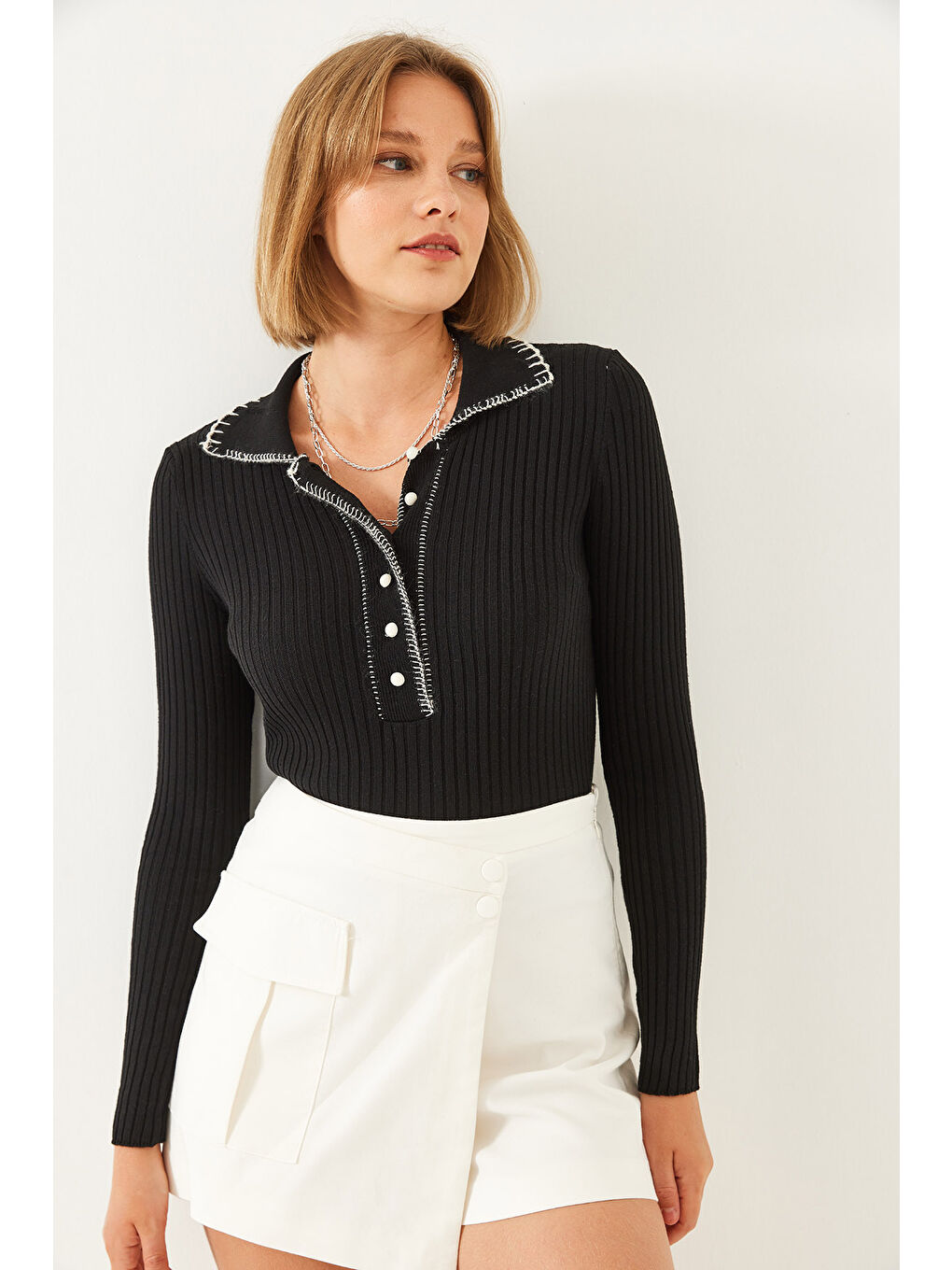 Siyah Kadın Polo Yaka Düğmeli Triko Kazak-2