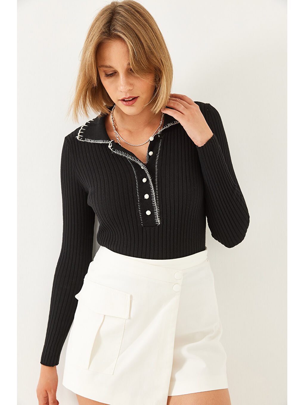 Siyah Kadın Polo Yaka Düğmeli Triko Kazak-3