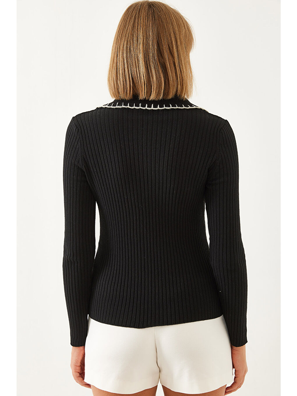 Siyah Kadın Polo Yaka Düğmeli Triko Kazak-5