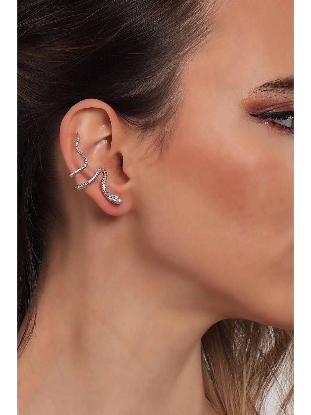 Gri Kadın Lak Altın Kaplama Sıkıştırmalı Model Yılan Formlu Kıkırdak Küpe & Earcuff-2
