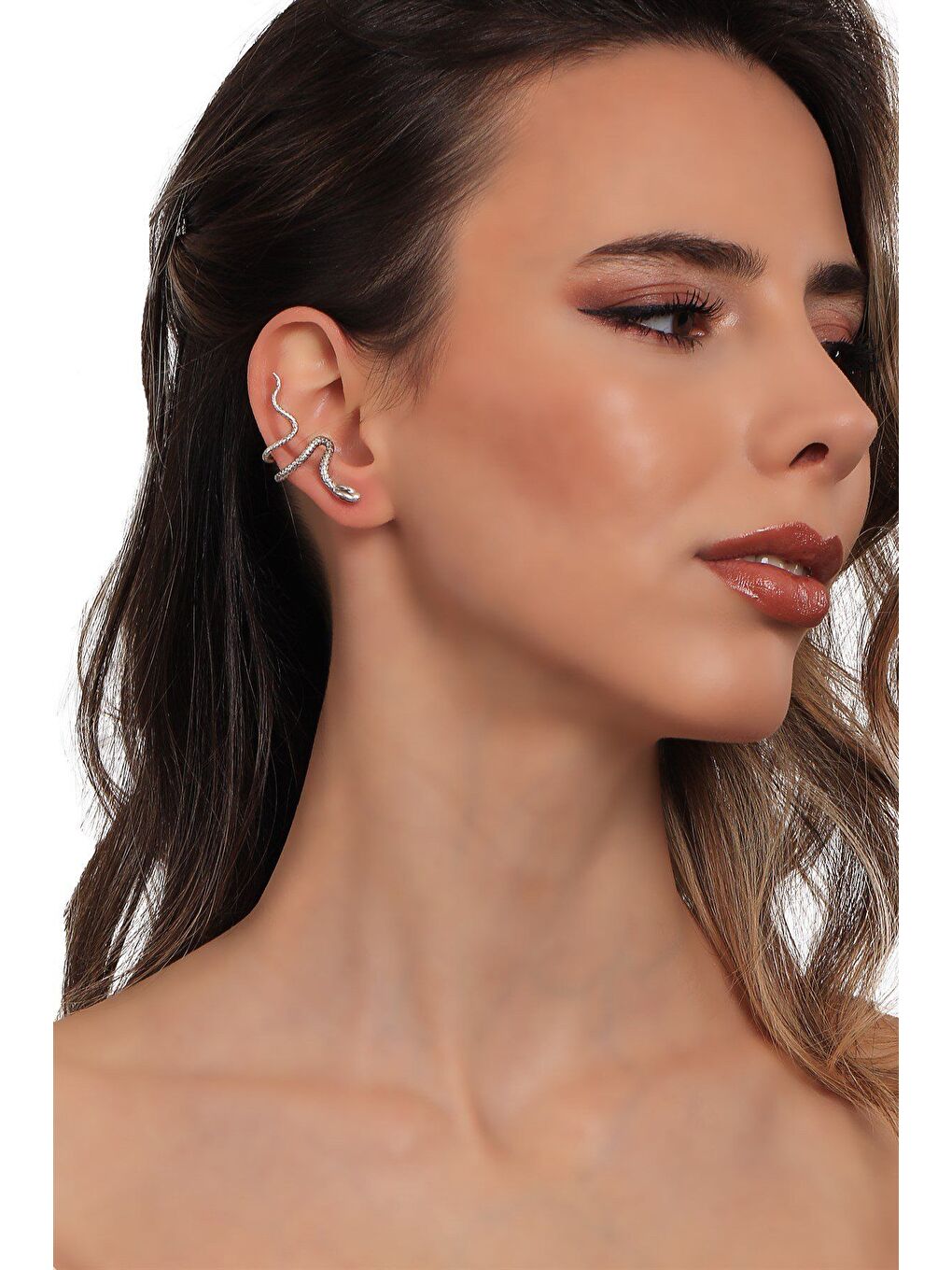 Gri Kadın Lak Altın Kaplama Sıkıştırmalı Model Yılan Formlu Kıkırdak Küpe & Earcuff-3