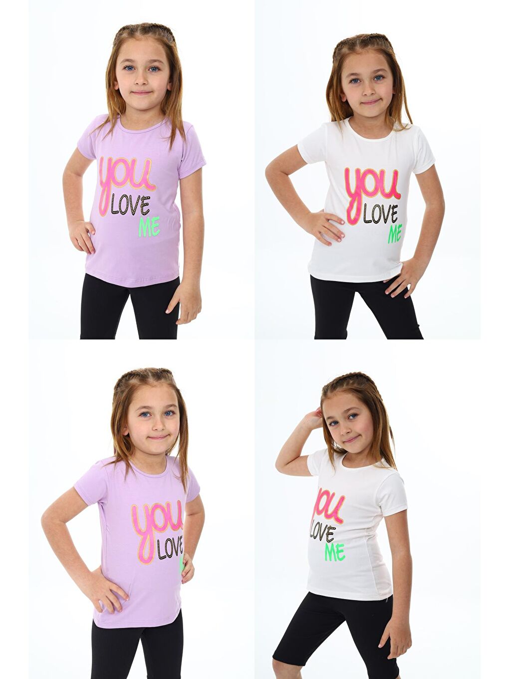 Lila Kız Çocuk Yazı Baskılı 2'li T-Shirt 3-13 Yaş Zu108