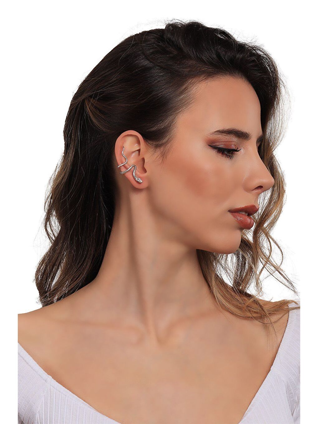 Gri Kadın Lak Altın Kaplama Sıkıştırmalı Model Yılan Formlu Kıkırdak Küpe & Earcuff-4