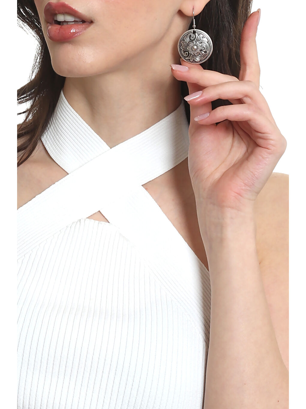 Gri Kadın Antik Gümüş Kaplama Çiçek Motifli Sallantılı Model Küpe-2