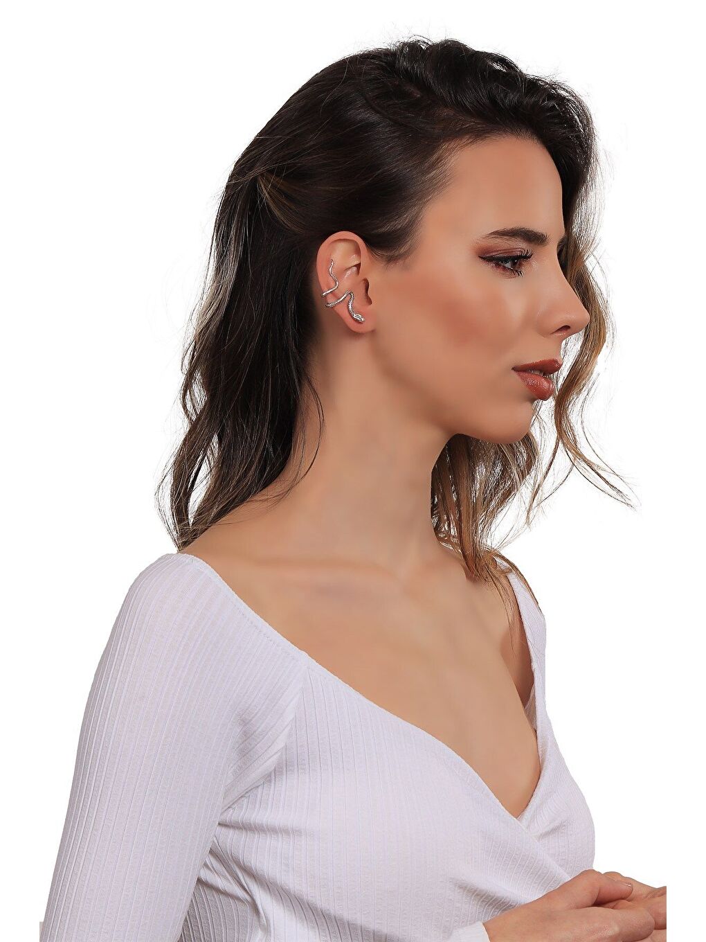 Gri Kadın Lak Altın Kaplama Sıkıştırmalı Model Yılan Formlu Kıkırdak Küpe & Earcuff-5