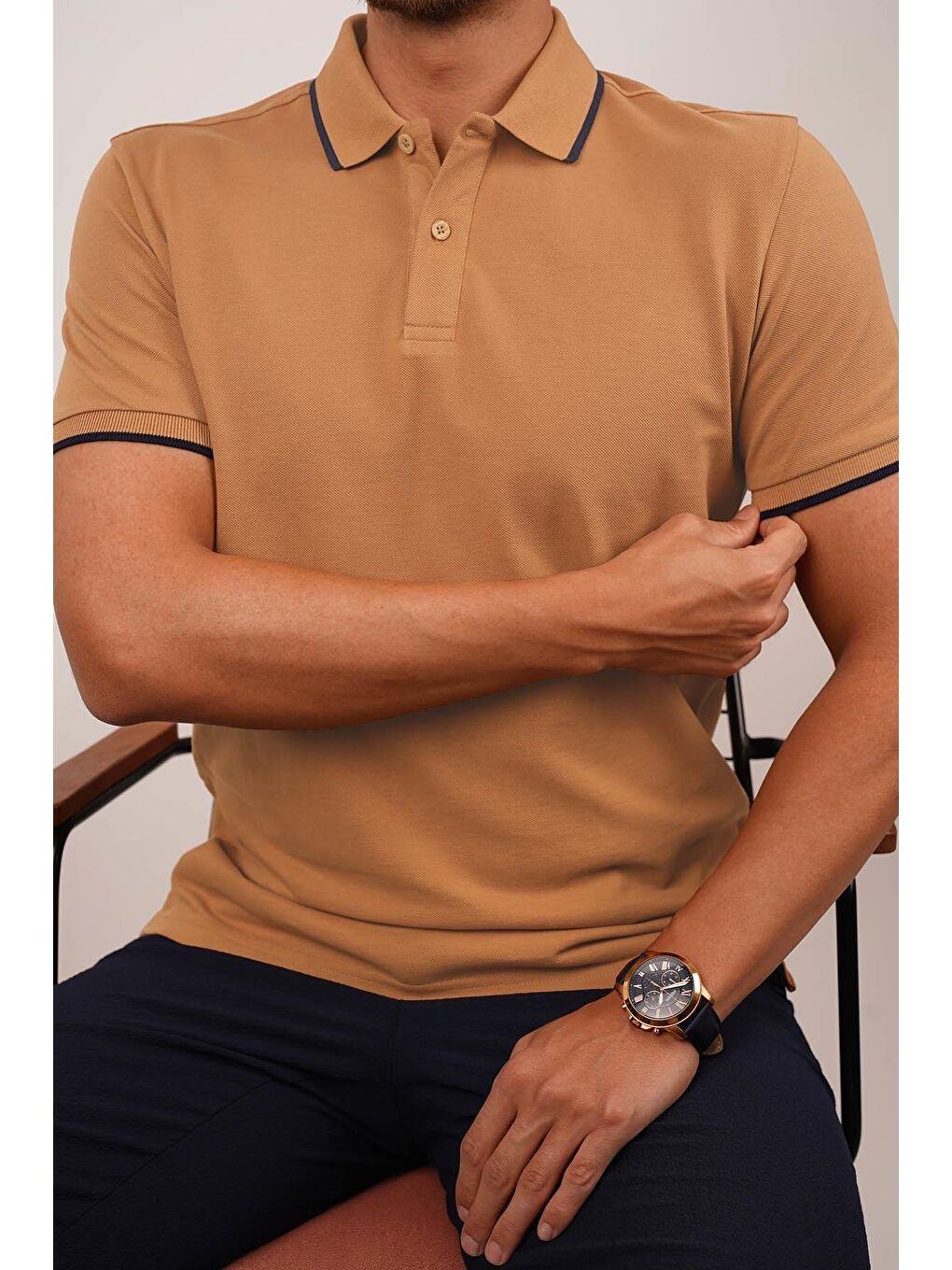 Kahverengi Taba Lacivert Yaka Çizgili Erkek Polo Yaka %100 Pamuk Tişört-1