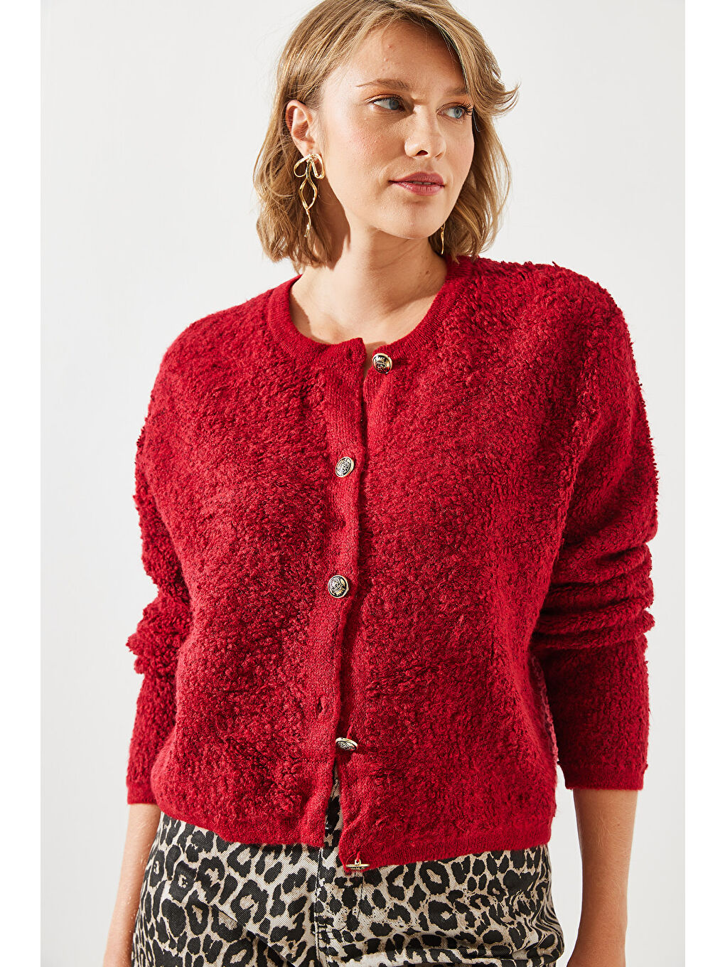 Bordo Kadın Havlu Desenli Düğmeli Hırka-1