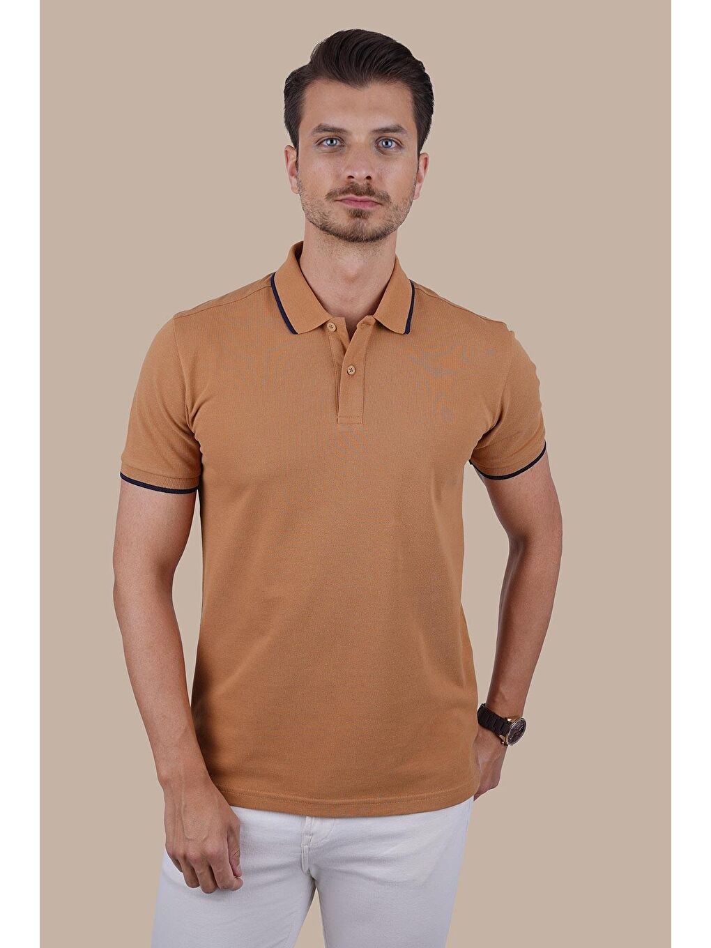 Kahverengi Taba Lacivert Yaka Çizgili Erkek Polo Yaka %100 Pamuk Tişört-2