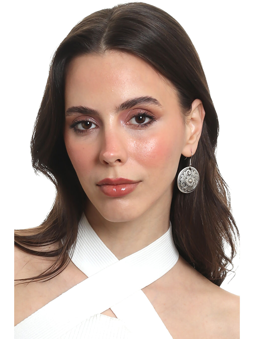 Gri Kadın Antik Gümüş Kaplama Çiçek Motifli Sallantılı Model Küpe-4