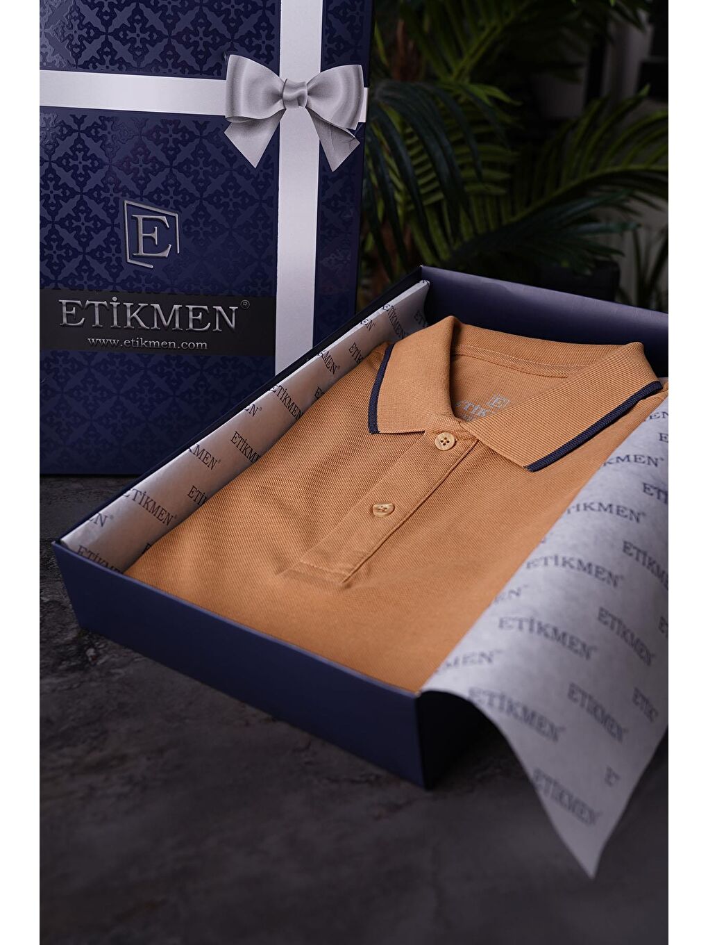 Kahverengi Taba Lacivert Yaka Çizgili Erkek Polo Yaka %100 Pamuk Tişört-3