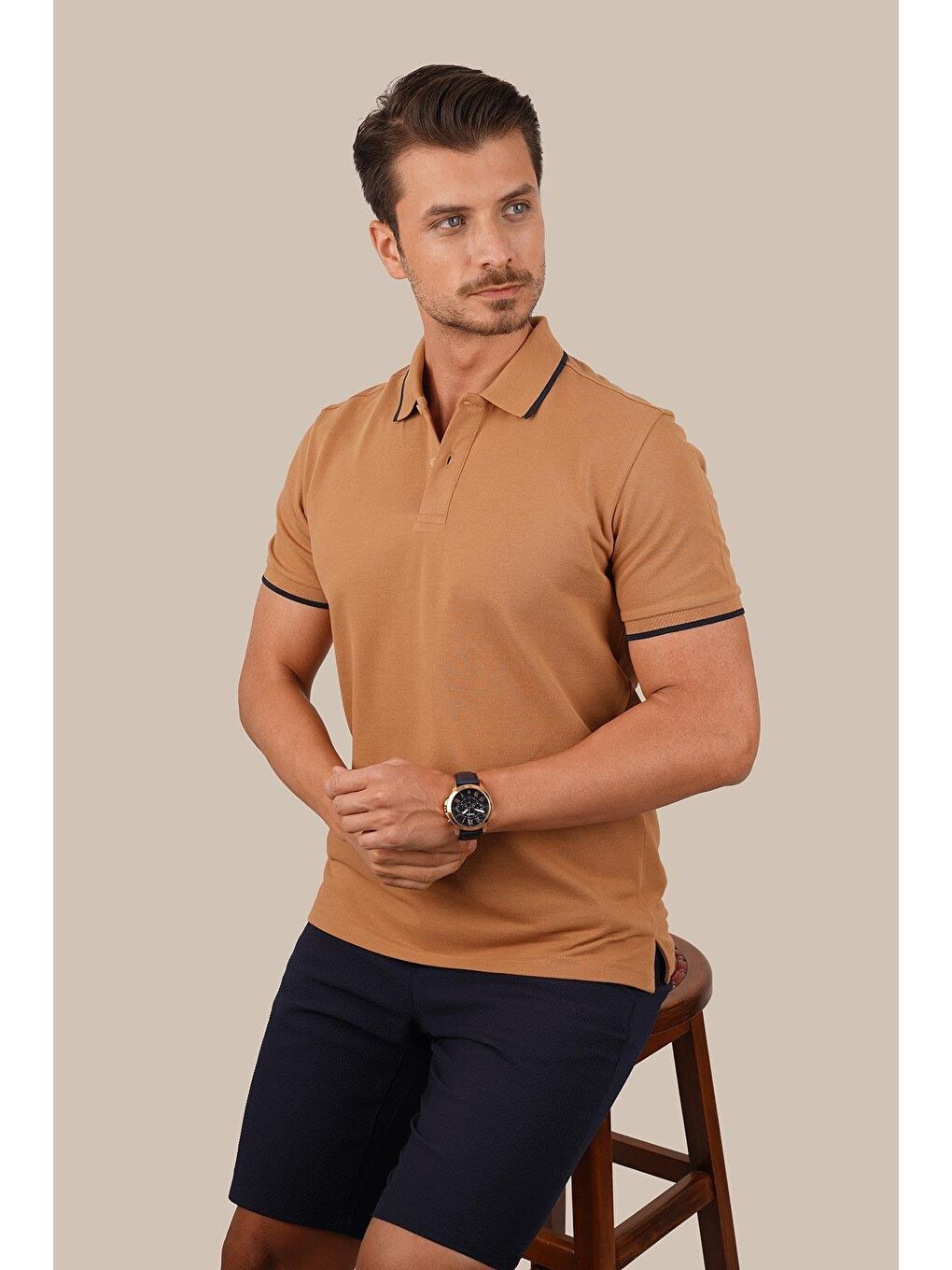 Kahverengi Taba Lacivert Yaka Çizgili Erkek Polo Yaka %100 Pamuk Tişört-4