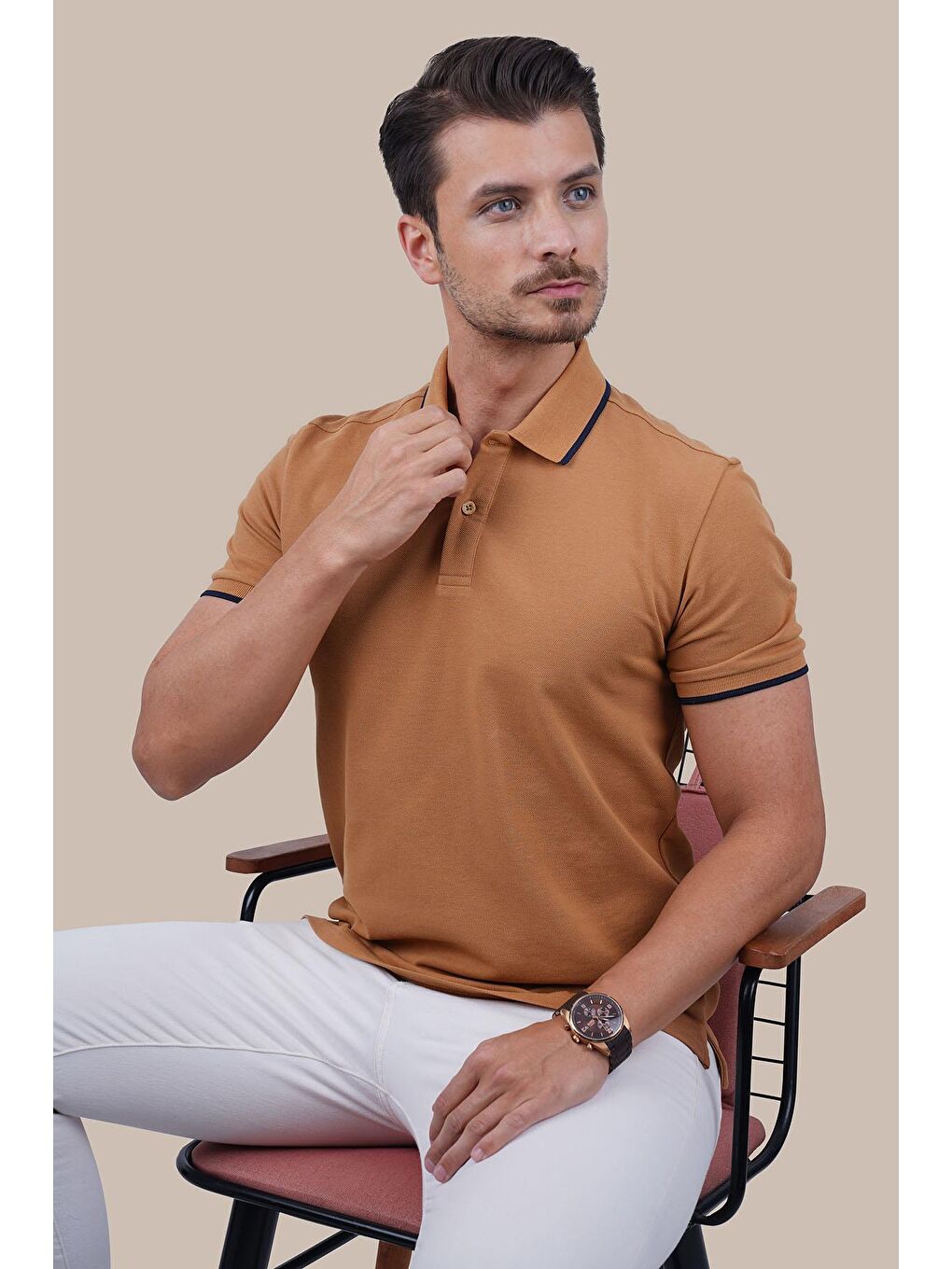 Kahverengi Taba Lacivert Yaka Çizgili Erkek Polo Yaka %100 Pamuk Tişört-6