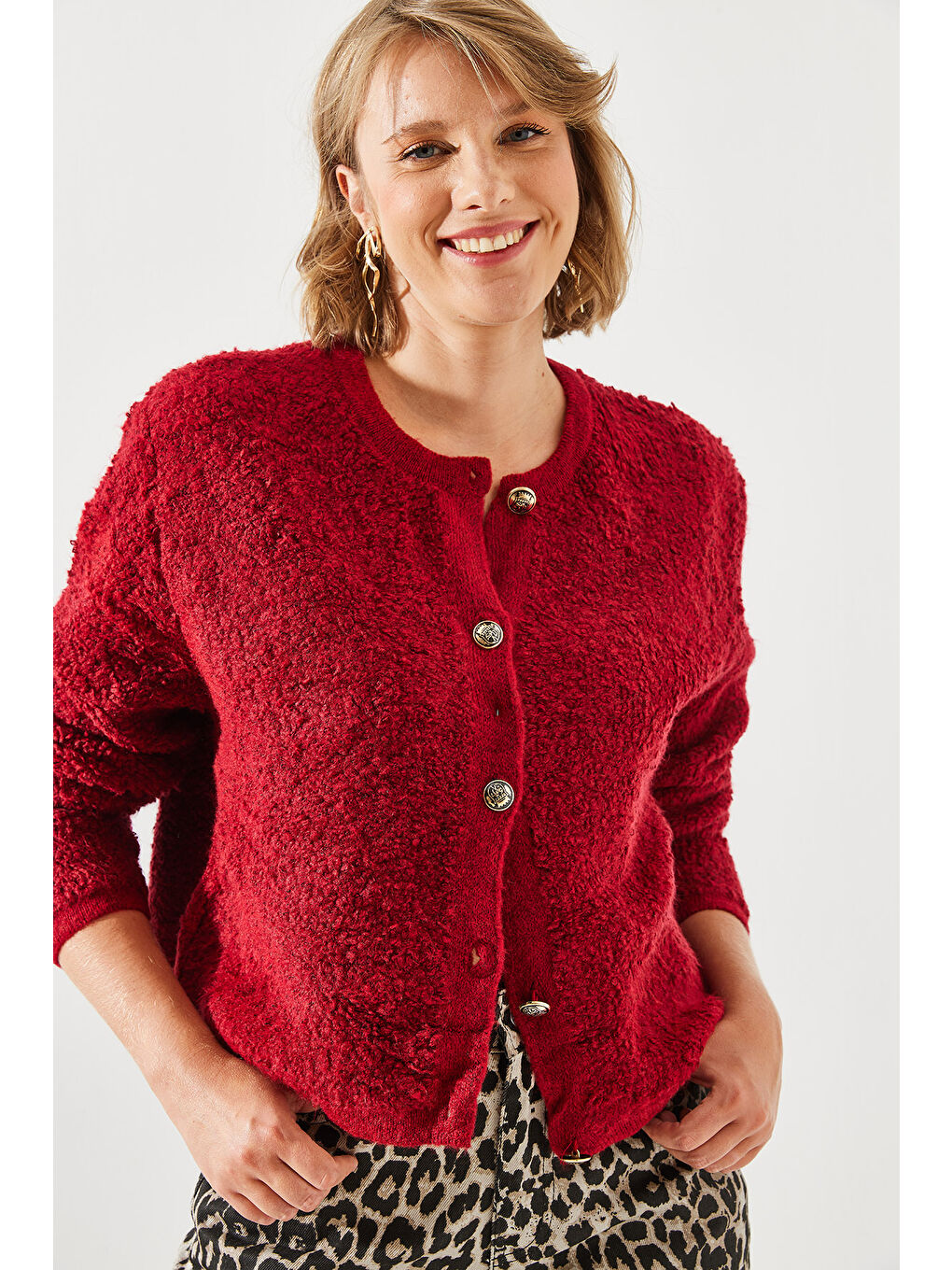 Bordo Kadın Havlu Desenli Düğmeli Hırka-2