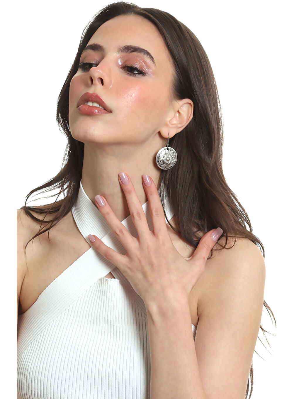 Gri Kadın Antik Gümüş Kaplama Çiçek Motifli Sallantılı Model Küpe-5