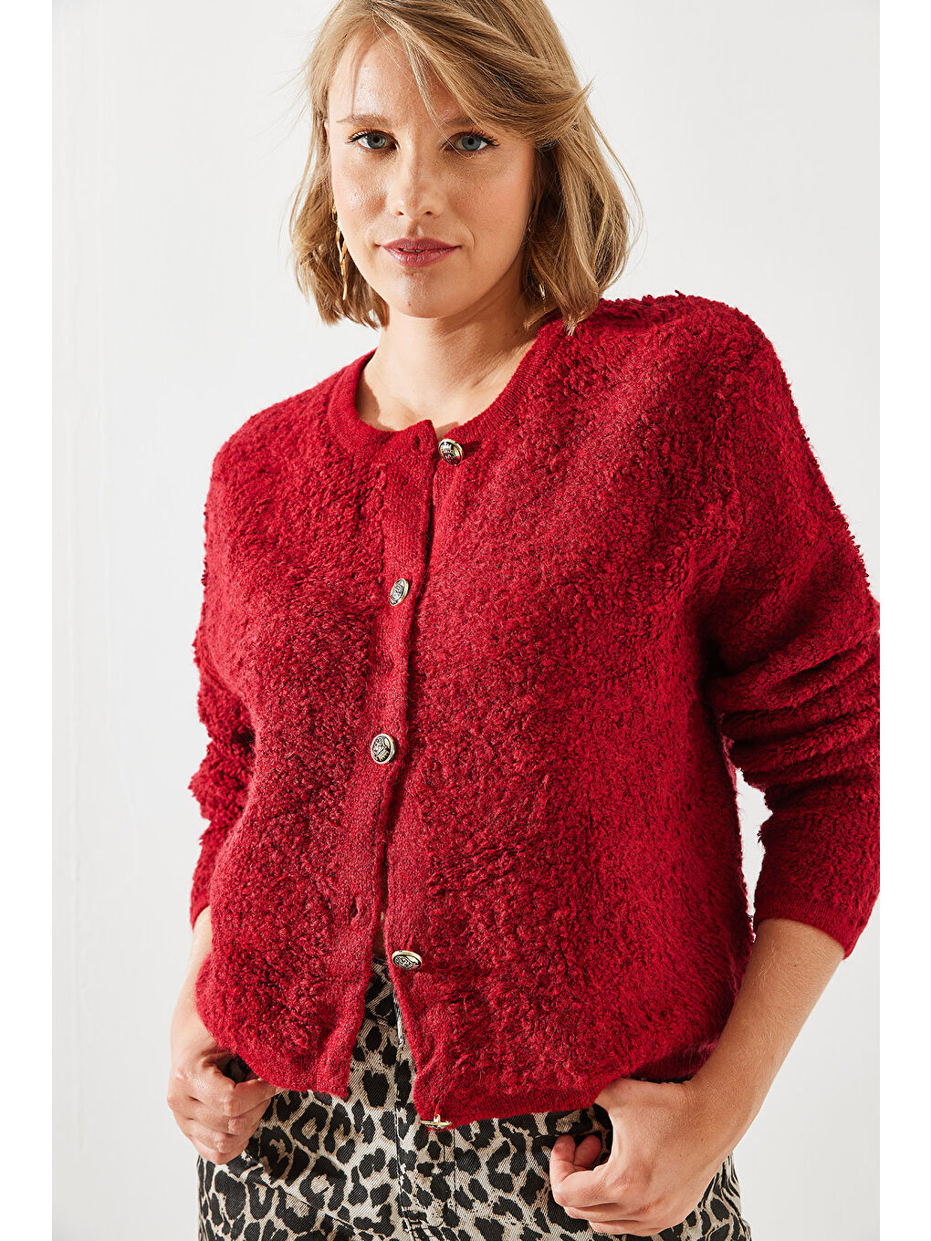 Bordo Kadın Havlu Desenli Düğmeli Hırka-3