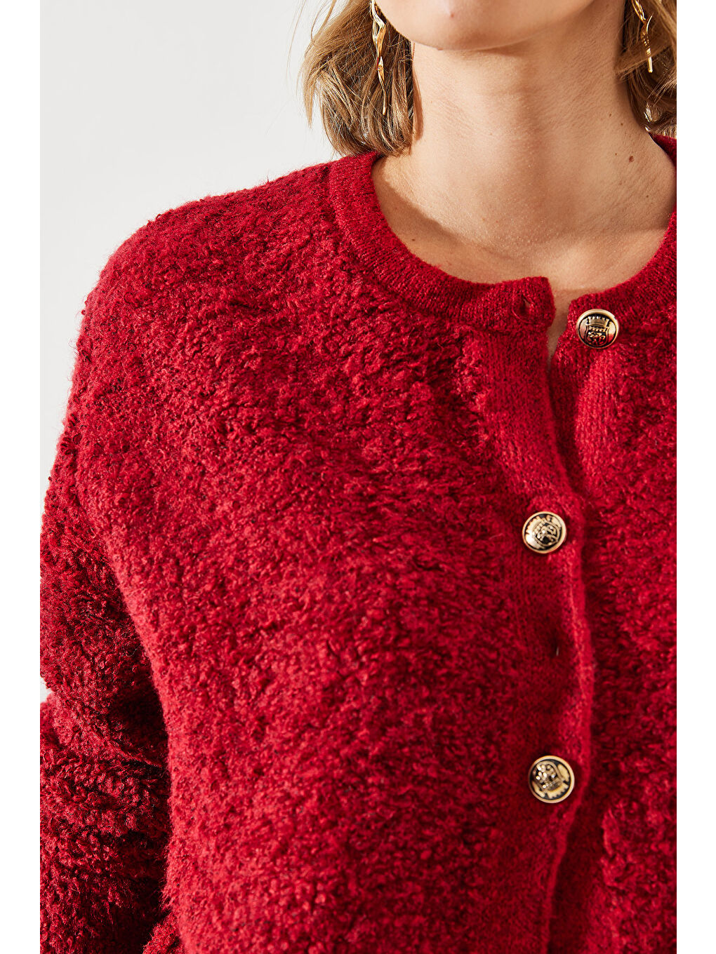 Bordo Kadın Havlu Desenli Düğmeli Hırka-4