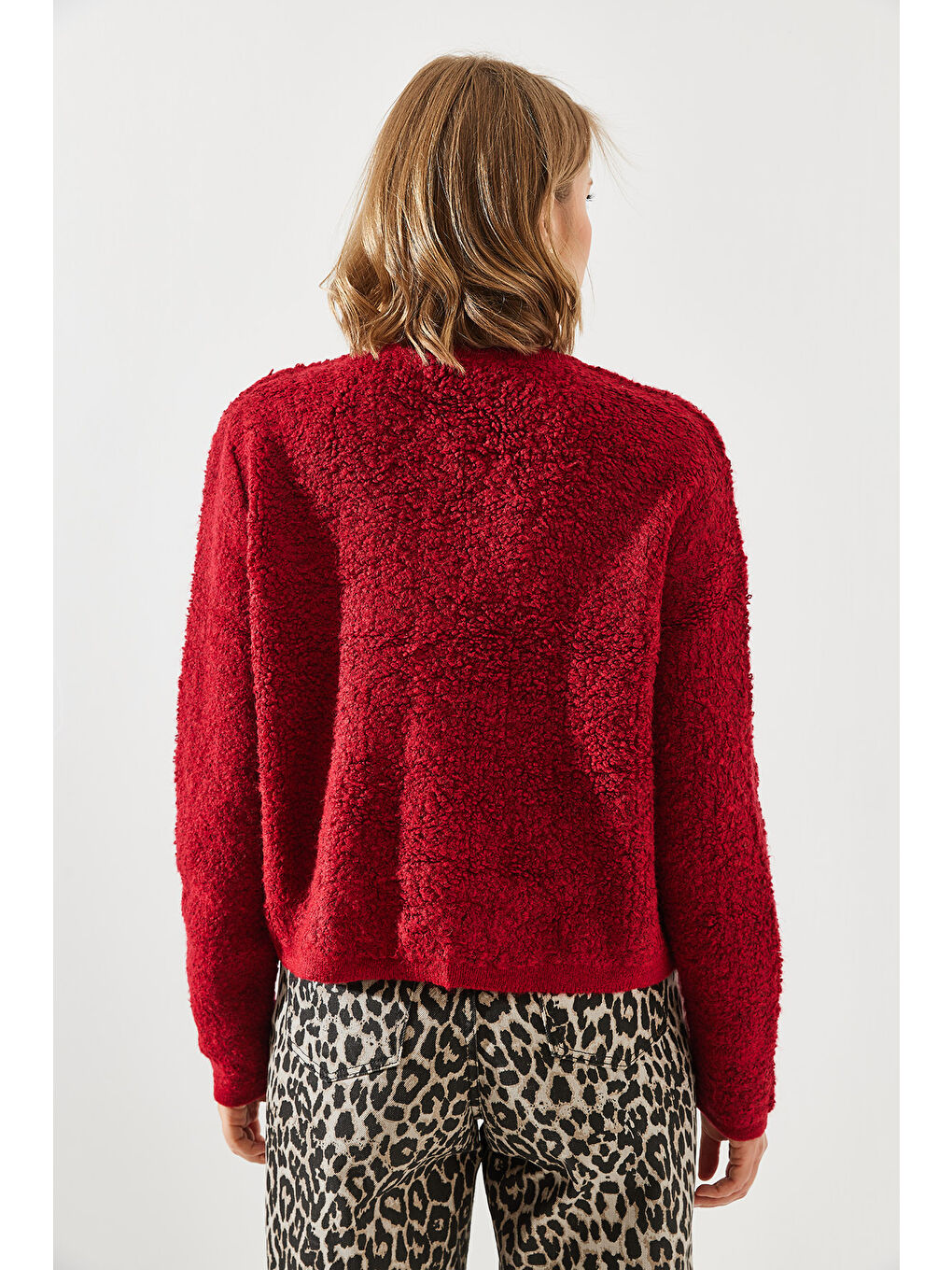 Bordo Kadın Havlu Desenli Düğmeli Hırka-5