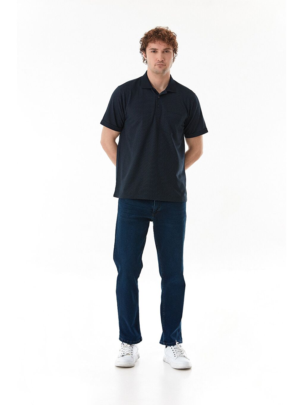 Lacivert Düz Düğmeli Polo Yaka Tişört-2