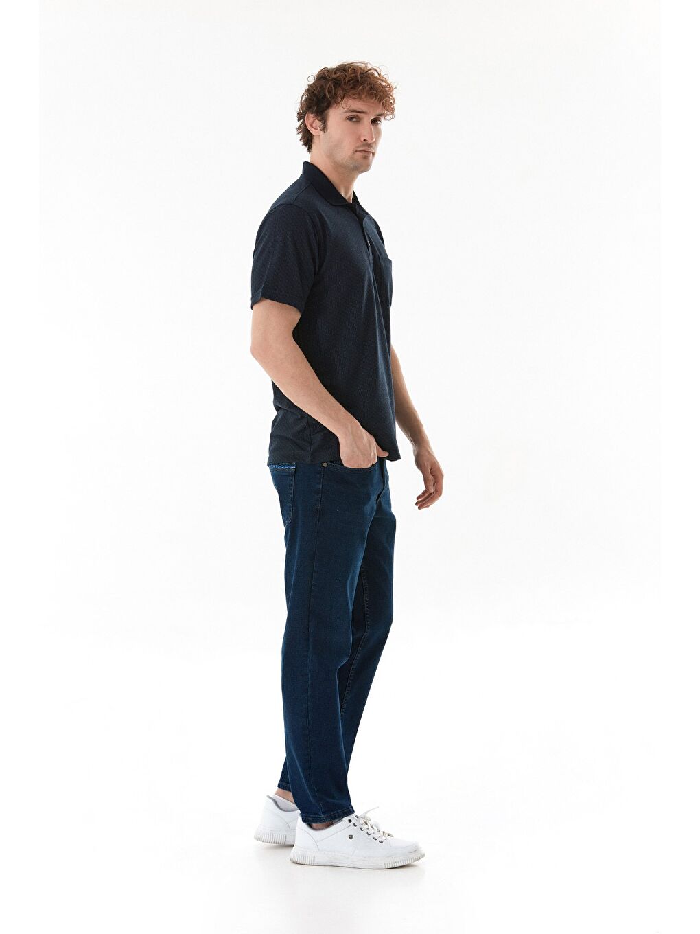 Lacivert Düz Düğmeli Polo Yaka Tişört-3