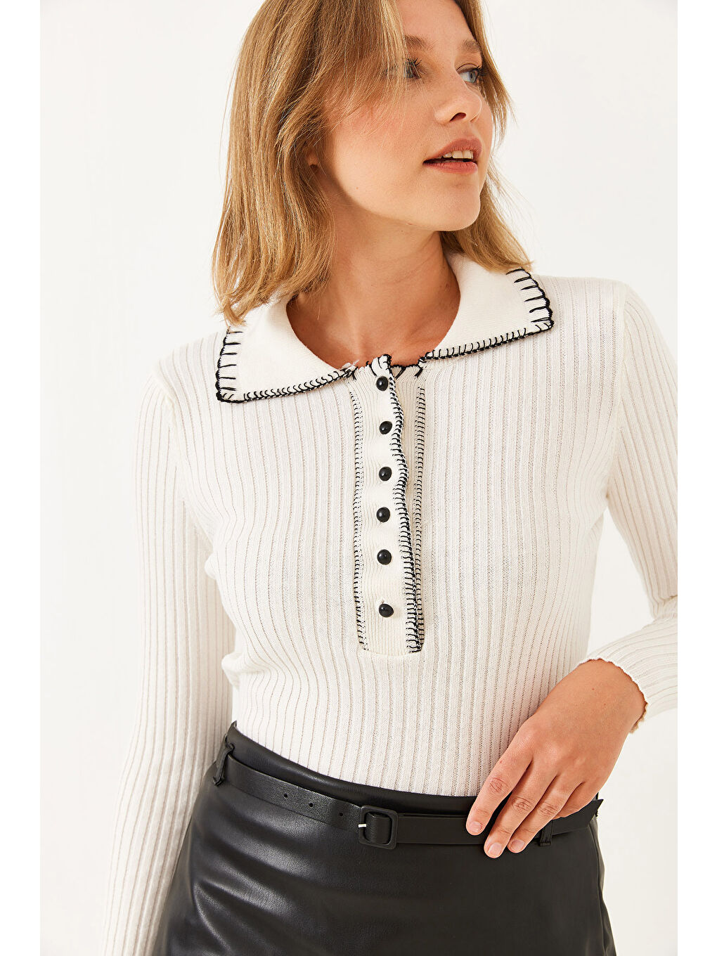 Lila Kadın Polo Yaka Düğmeli Triko Kazak