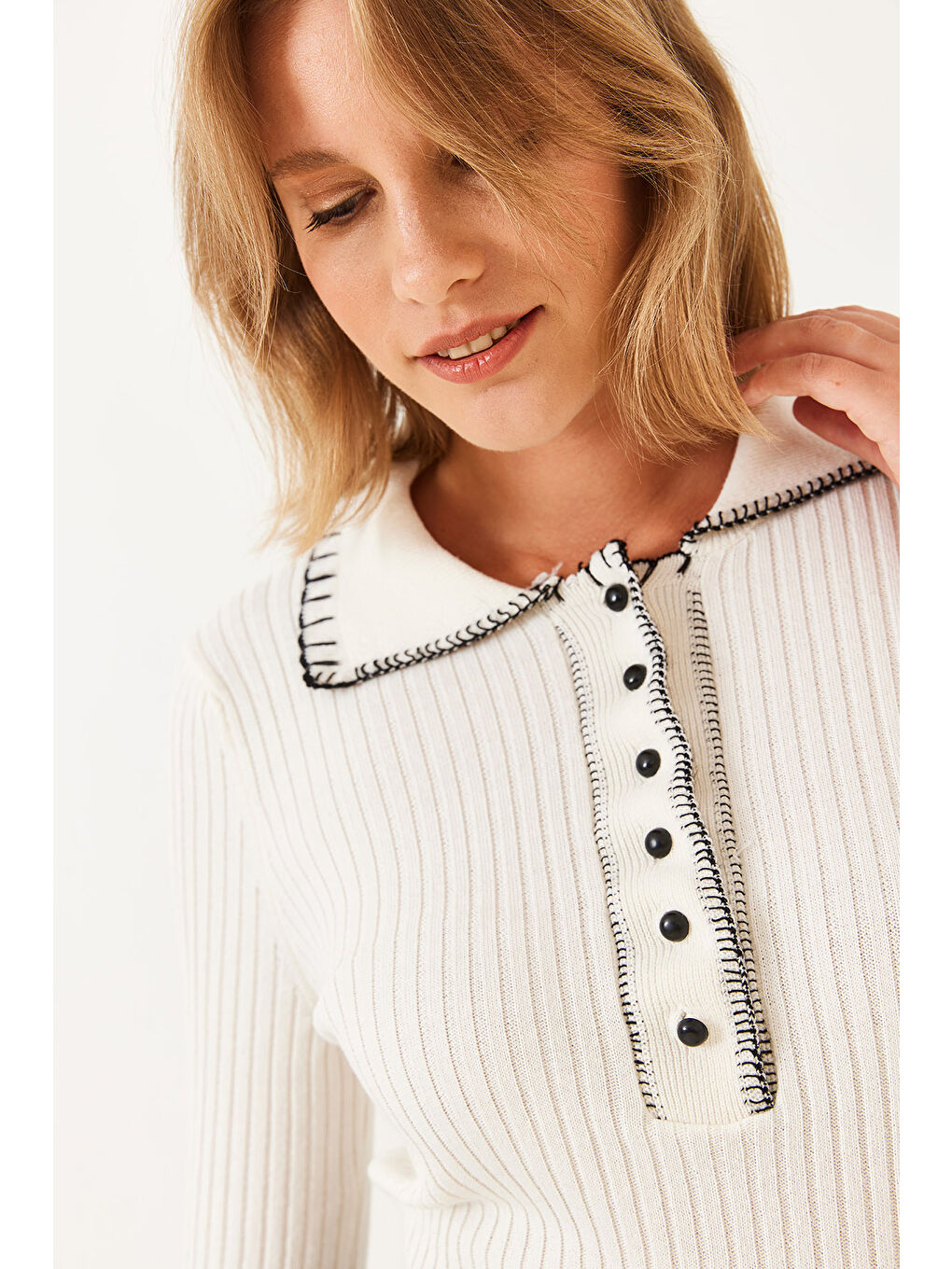 Lila Kadın Polo Yaka Düğmeli Triko Kazak-2